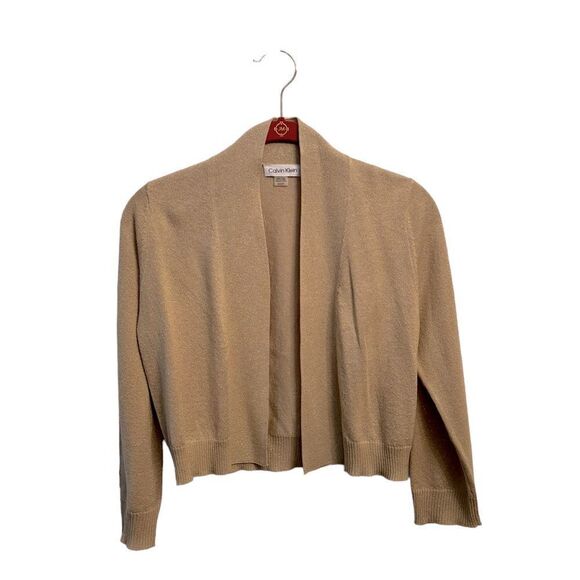 Calvin Klein Small Gold Sparkly Open Front Crop Cardigan NWOT  10 0341 - Picture 2 of 6